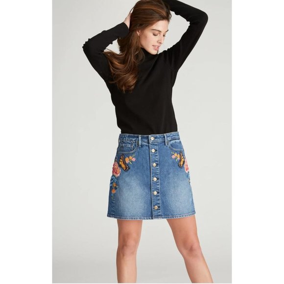 Free People Driftwood Leah Denim Floral Mini Skirt Size 29 in Butterfly Effect - Picture 1 of 4